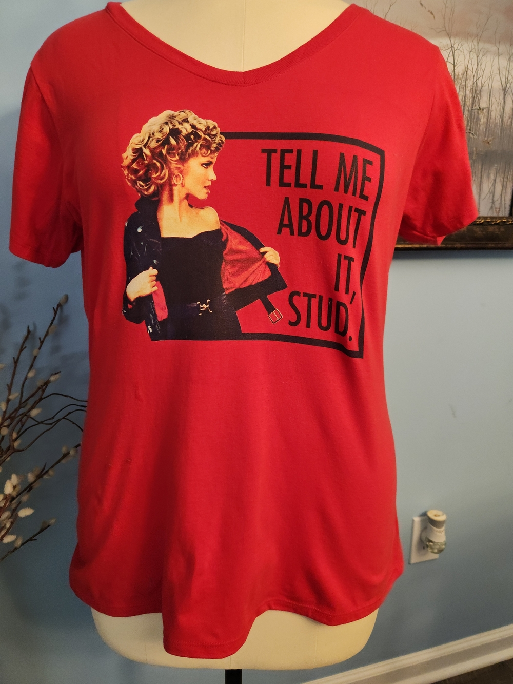 Port and Company Red V-Neck Graphic Tee - 'Tell Me About It, Stud'